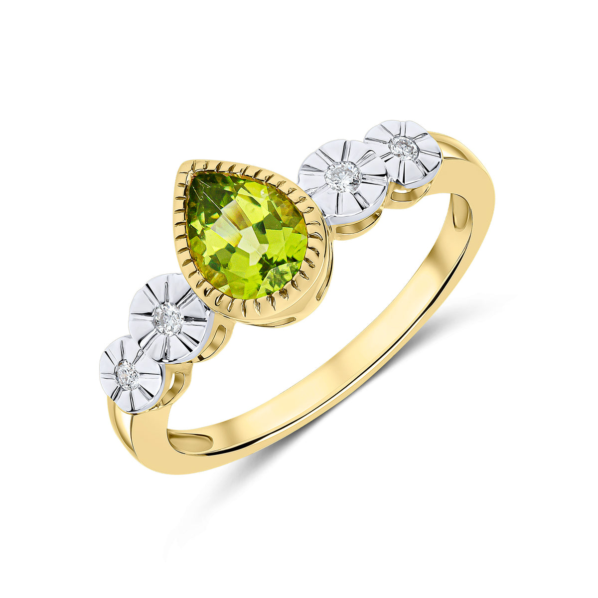 9CT YELLOW GOLD MILLEGRAIN PEARSHAPE PERIDOT  AND ILLUSION DIAMOND 4ST SHOULDERS RING. RHODIUM TO DIAMONDS