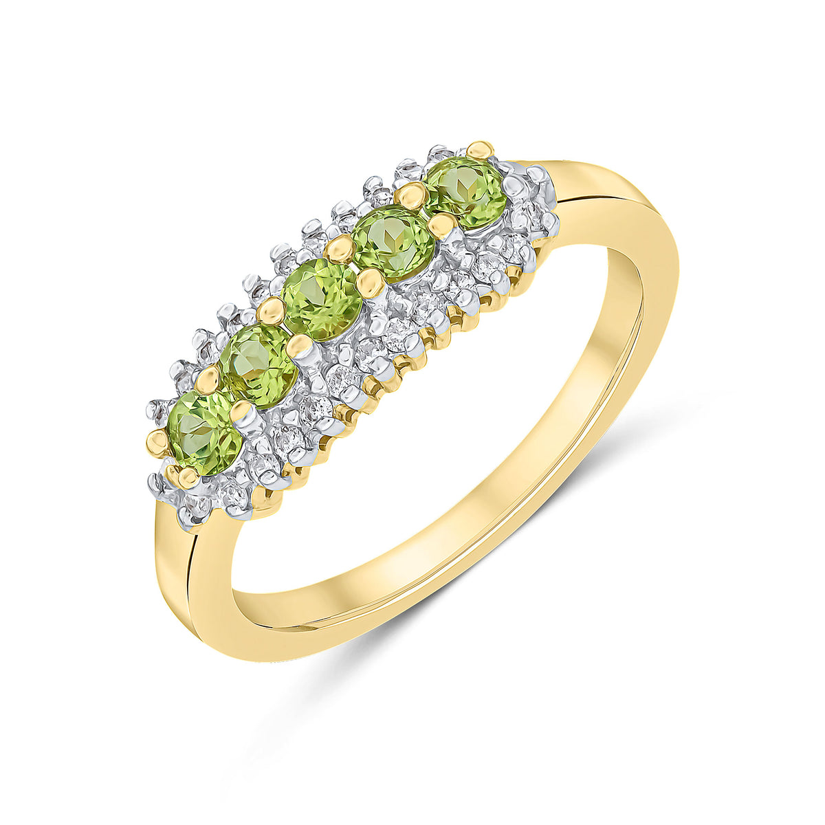 9CT YG ROUND PERIDOT AND ROUND DIAMOND 3 ROW CLAW SET BAND RING. RHODIUM TO DIAMONDS