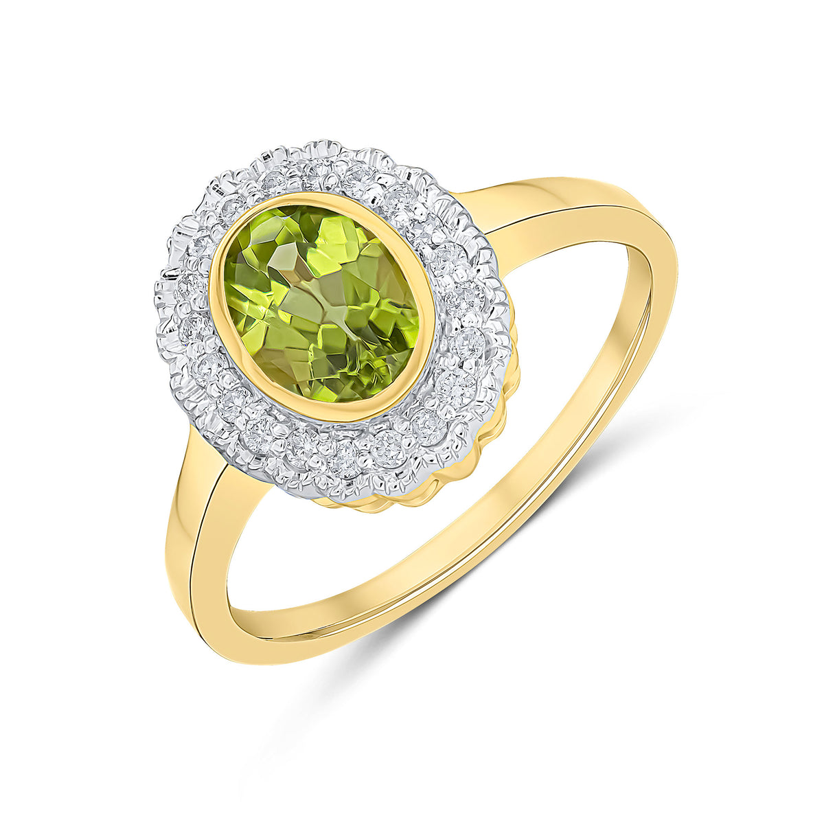 9CT YG RUBOVER OVAL PERIDOT AND MILLEGRAIN ROUND DIAMOND CLUSTER RING. RHODIUM TO DIAMONDS