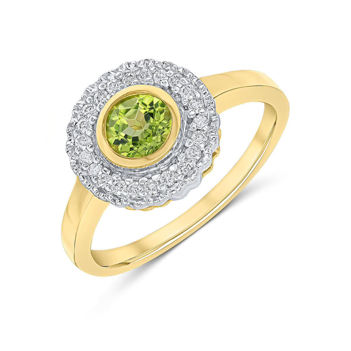 9CT YELLOW GOLD ROUND RUBOVER PERIDOT AND MILLEGRAIN ROUND DIAMOND CLUSTER RING. RHODIUM TO DIAMONDS