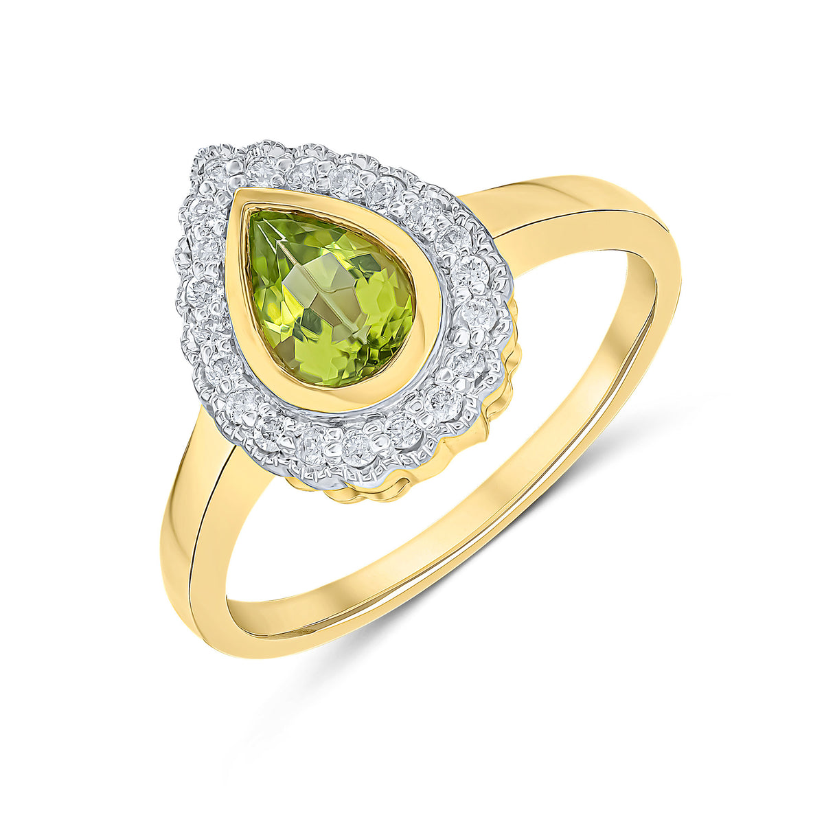 9CT YELLOW GOLD PEARSHAPE RUBOVER PERIDOT AND MILLEGRAIN ROUND DIAMOND CLUSTER RING. RHODIUM TO DIAMONDS