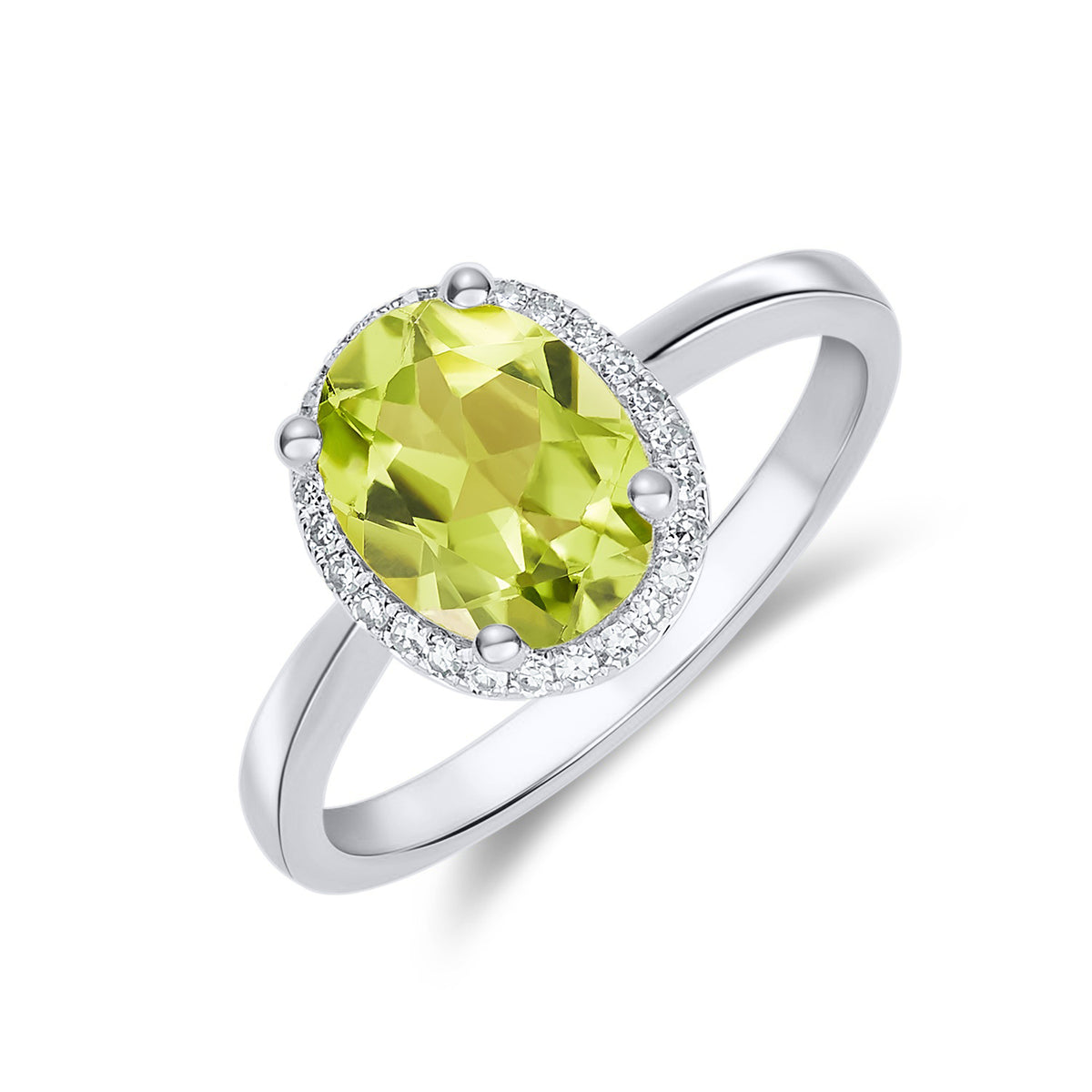 9CT WG 9X7MM OVAL PERIDOT & DIAMOND CLAW SET CLUSTER RING