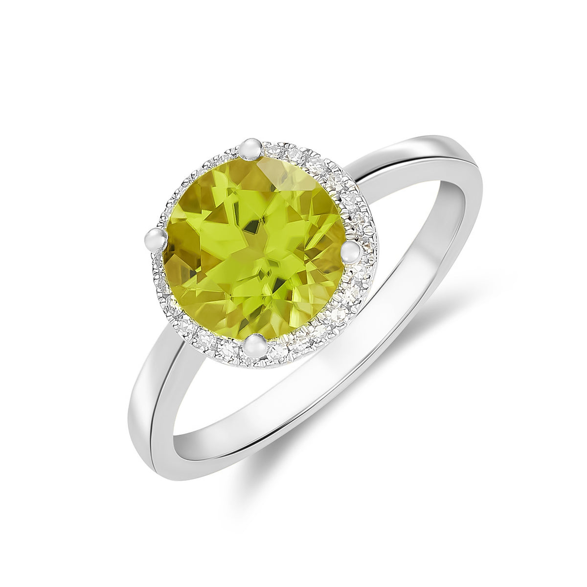 9CT WG 8MM ROUND PERIDOT AND DIAMOND CLAW CLUSTER RING
