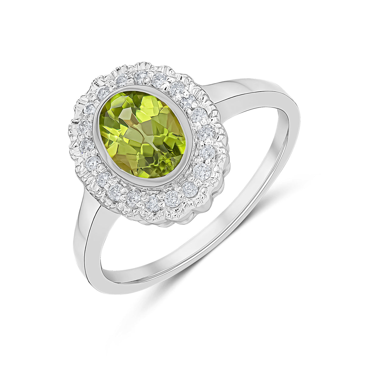 9CT WHITE GOLD RUBOVER OVAL PERIDOT AND MILLEGRAIN ROUND DIAMOND CLUSTER RING
