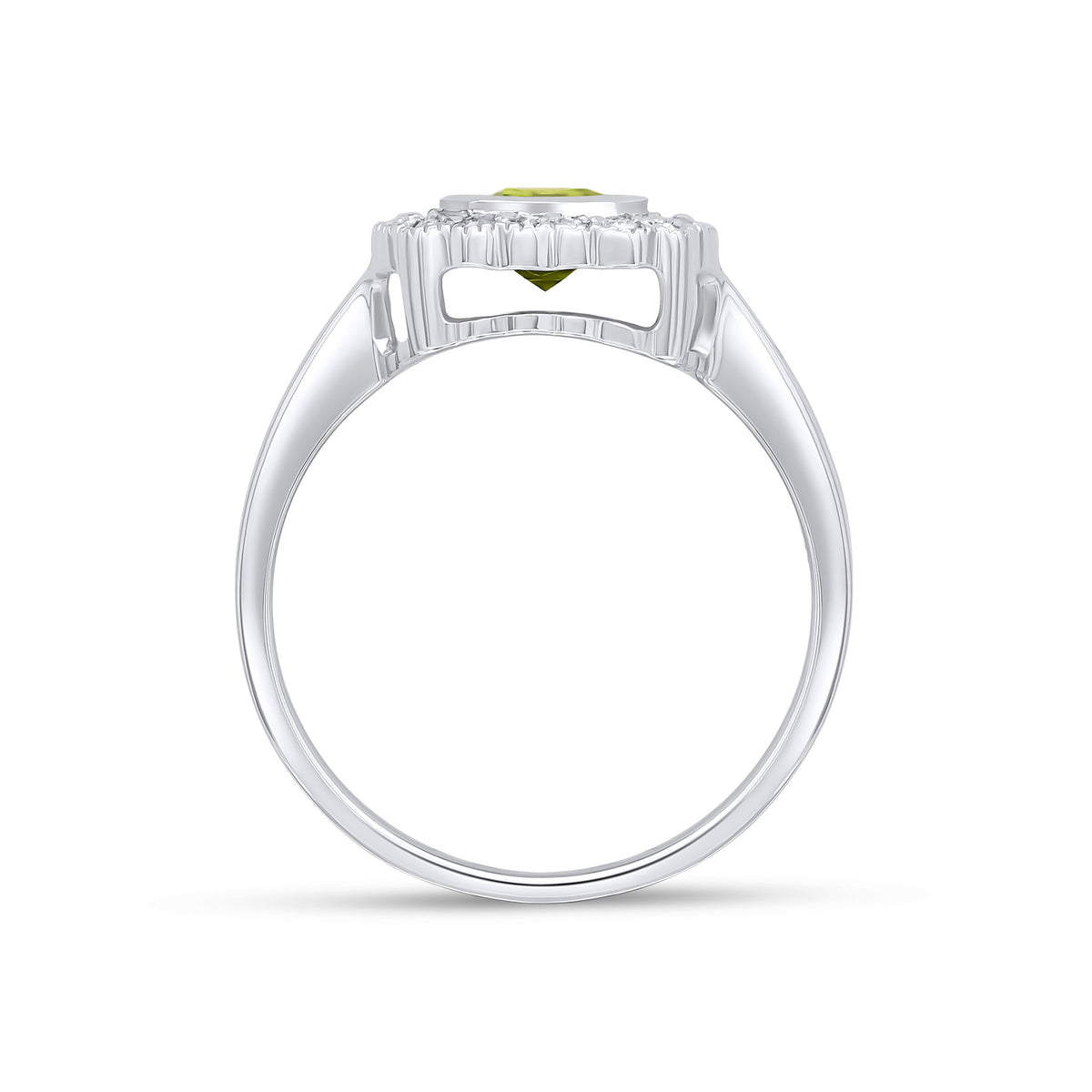 9CT WG RUBOVER 7X5 OCTAGON PERIDOT AND DIAMOND CLUSTER RING WITH MILLEGRAIN EDGE.