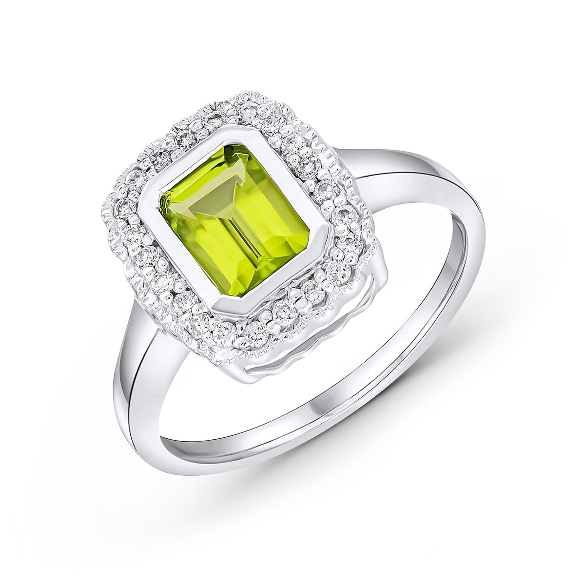 9CT WG RUBOVER 7X5 OCTAGON PERIDOT AND DIAMOND CLUSTER RING WITH MILLEGRAIN EDGE.