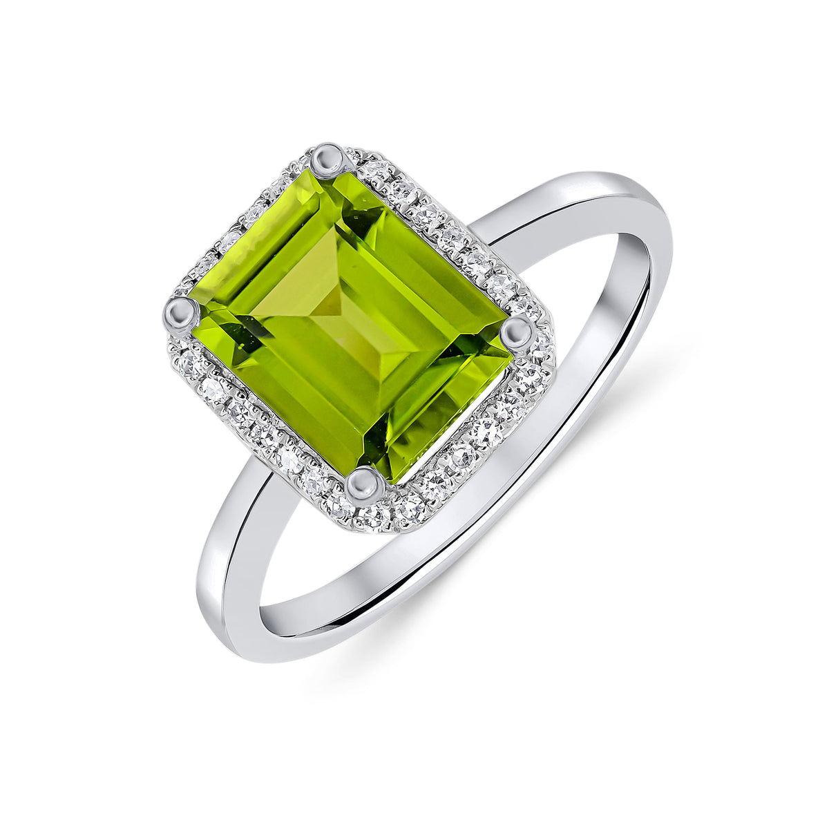 9CT WG 9X7MM OCTAGON PERIDOT & DIAMOND CLAW SET CLUSTER RING