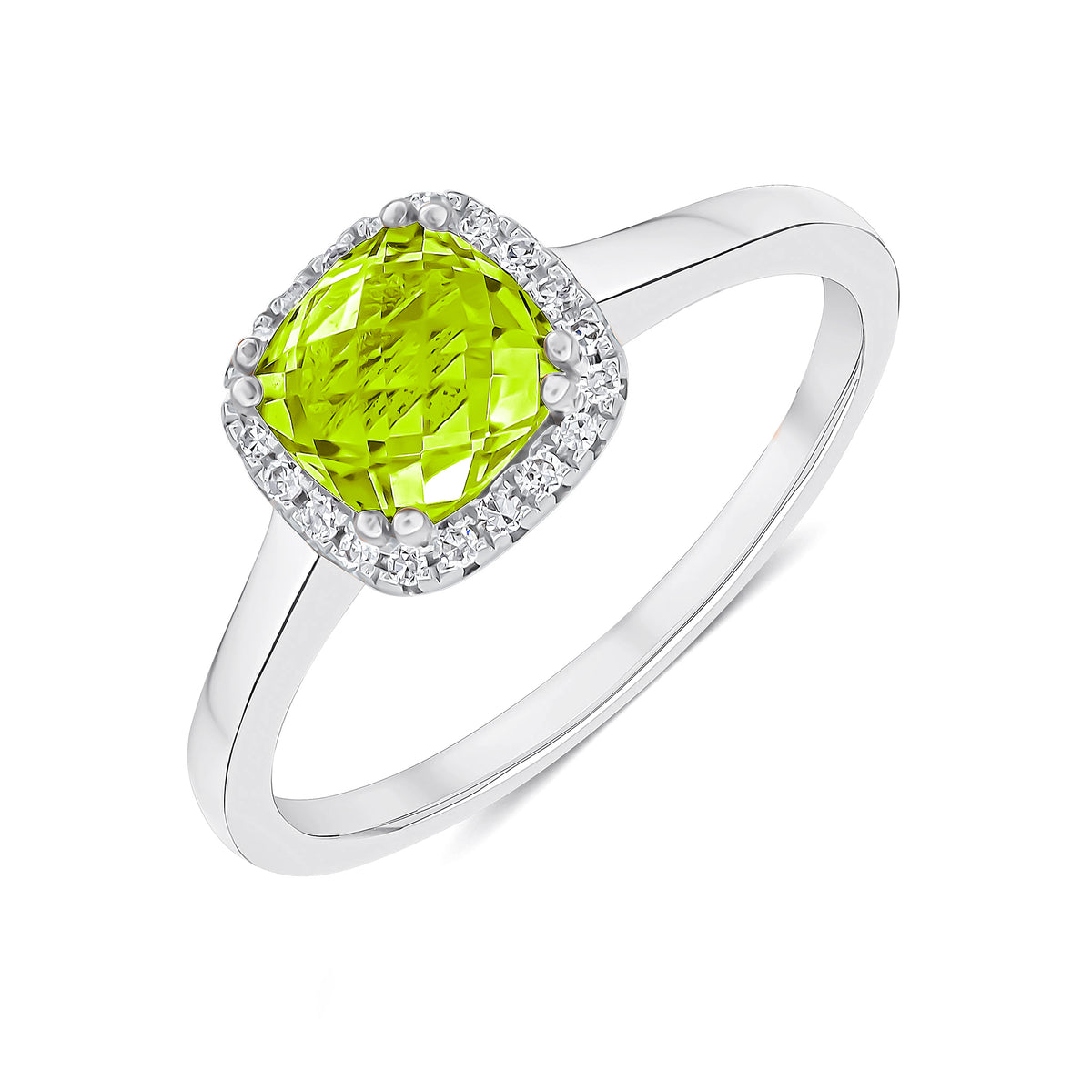 9CT WG 6MM CHECKERBOARD CUT CUSHION PERIDOT AND ROUND DIAMOND CLAW SET CLUSTER RING