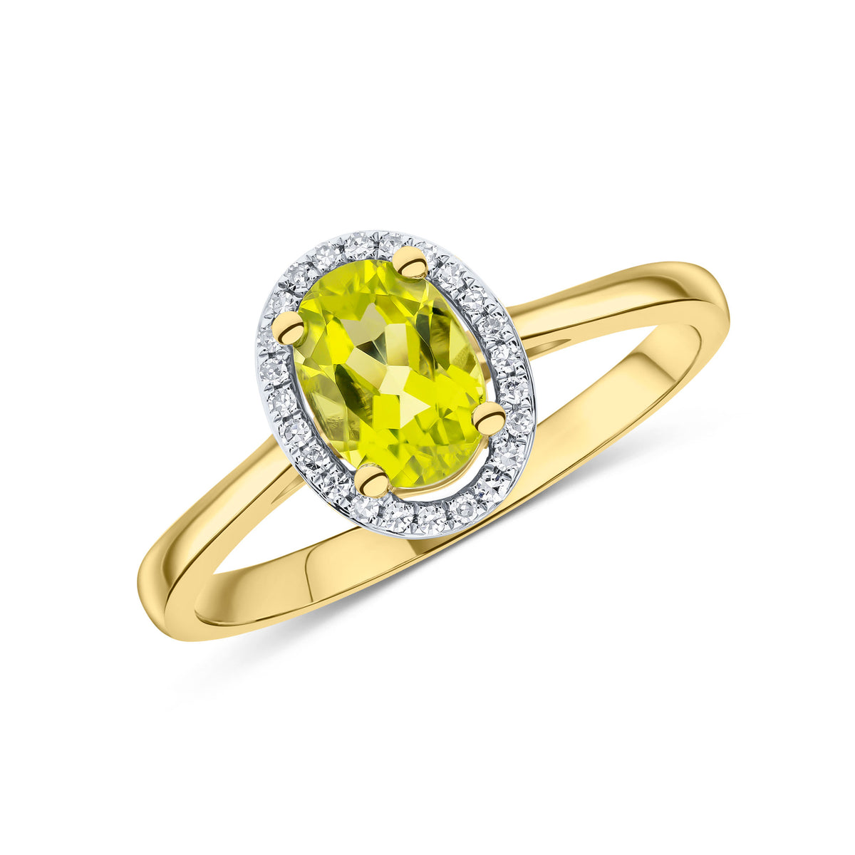 9CT YG 7X5 OVAL PERIDOT & ROUND DIAMOND HALO CLUSTER RING. RHODIUM TO DIAMONDS