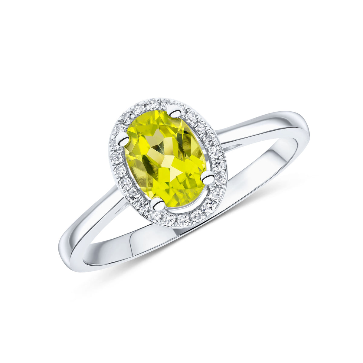 9CT WG 7X5 OVAL PERIDOT & ROUND DIAMOND HALO CLUSTER RING