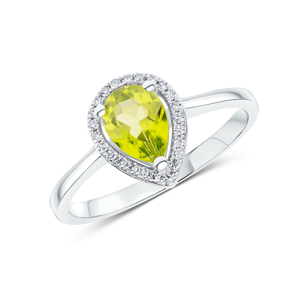 9CT WG 7X5 PEARSHAPE PERIDOT & ROUND DIAMOND CLAW SET HALO CLUSTER RING