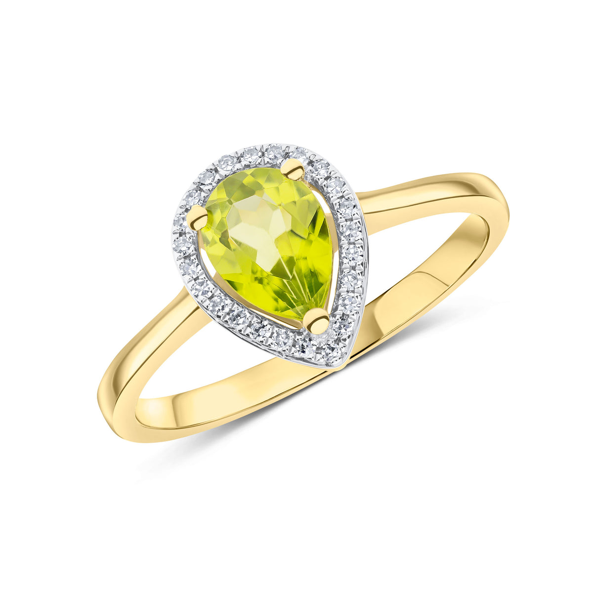 9CT YG 7X5 PEARSHAPE PERIDOT & ROUND DIAMOND CLAW SET HALO CLUSTER RING. RHODIUM TO DIAMONDS