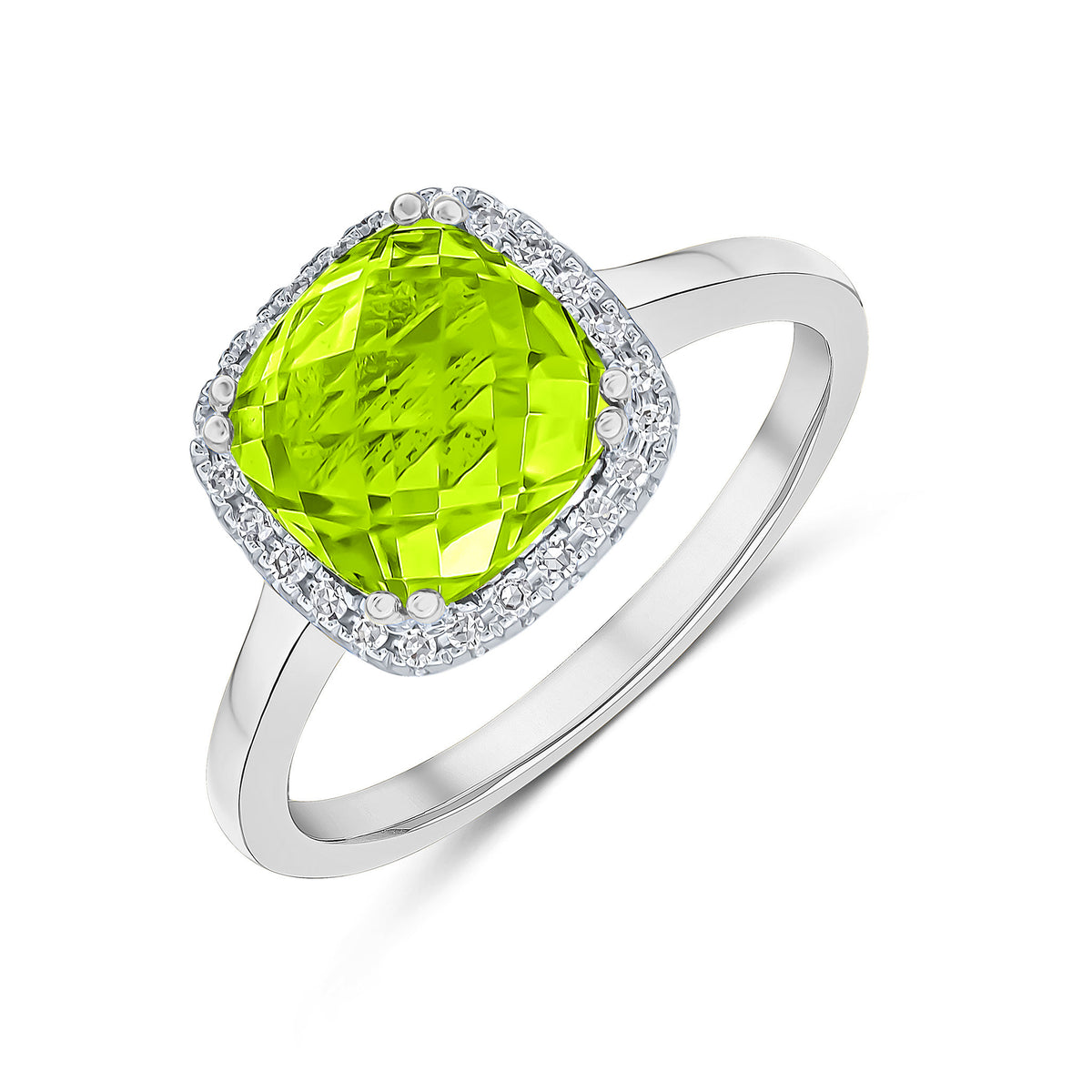 9CT WG 8MM CHECKERBOARD CUT CUSHION PERIDOT & ROUND DIAMOND CLAW SET CLUSTER RING