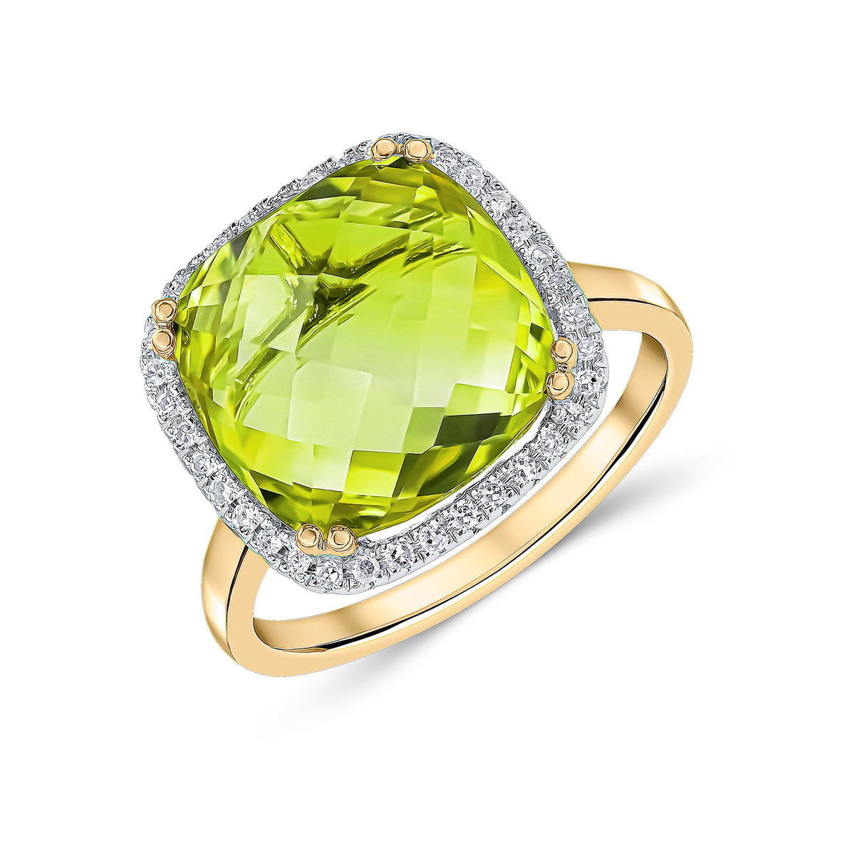 9CT YG 12MM CHECKERBOARD CUT CUSHION PERIDOT & ROUND DIAMOND CLAW SET CLUSTER RING. RHDOIUM TO DIAMONDS