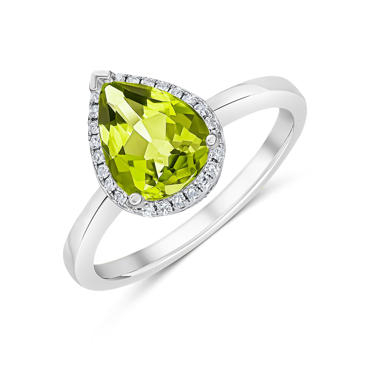 9CT WG 9X7 PEARSHAPE PERIDOT & DIAMOND CLAW SET CLUSTER RING