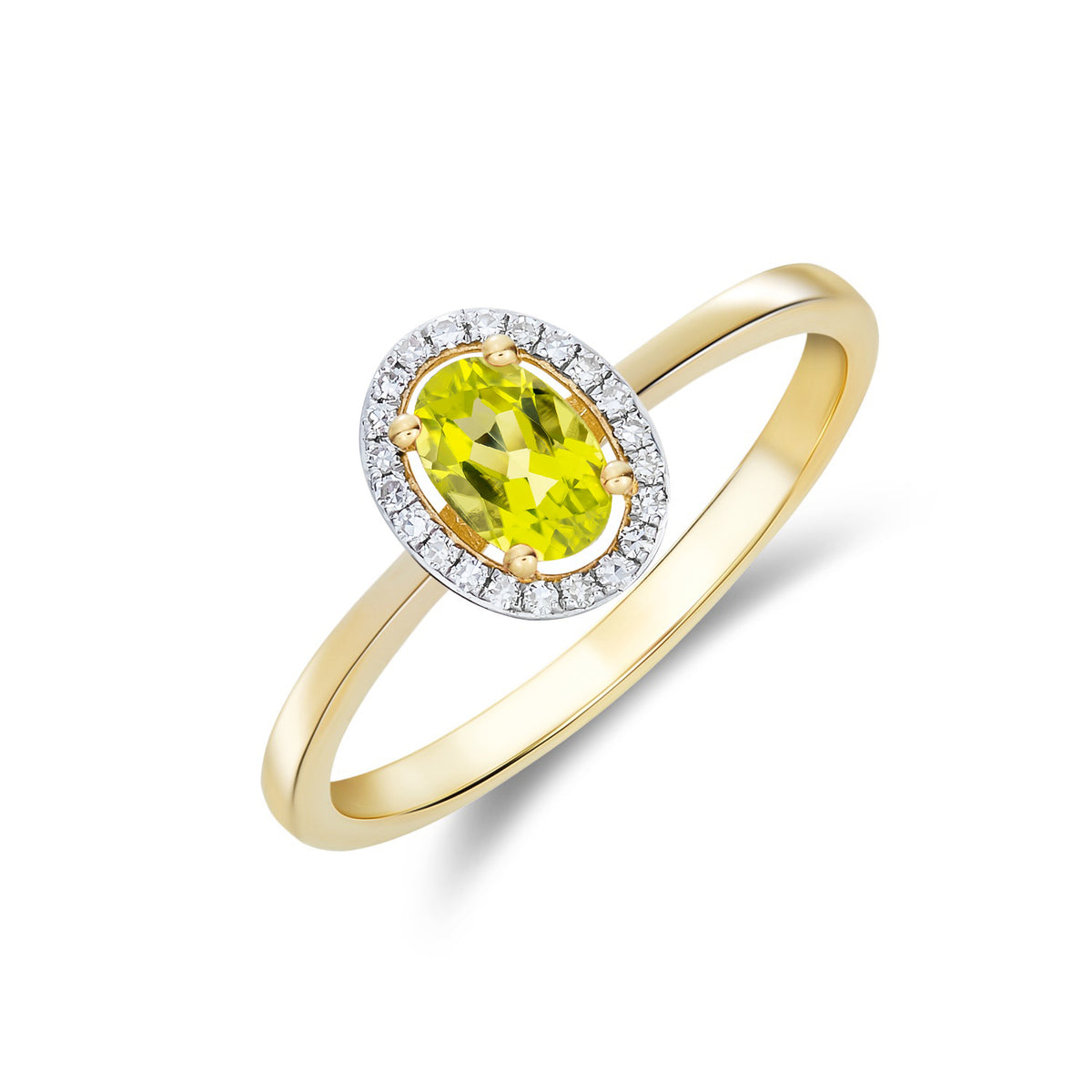 9CT YG 6X4 OVAL PERIDOT AND ROUND DIAMOND HALO CLUSTER RING