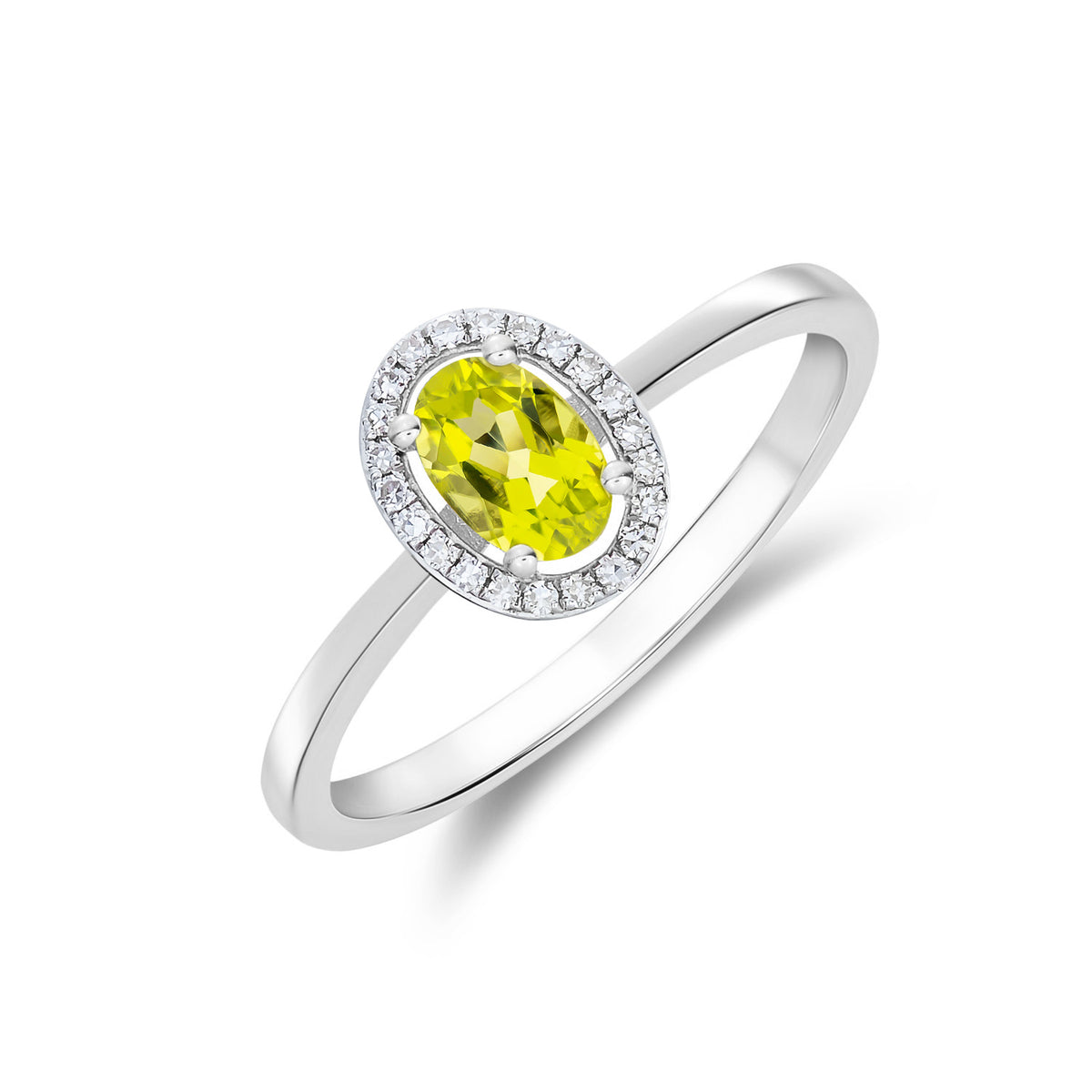 9CT WG 6X4 OVAL PERIDOT AND ROUND DIAMOND HALO CLUSTER RING