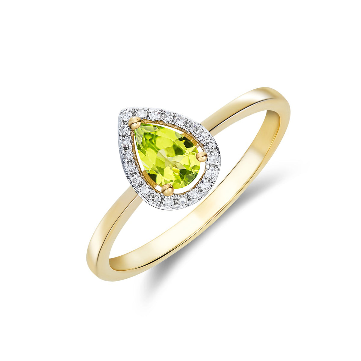 9CT YG 6X4 PEARSHAPE PERIDOT & DIAMOND HALO CLAW CLUSTER RING