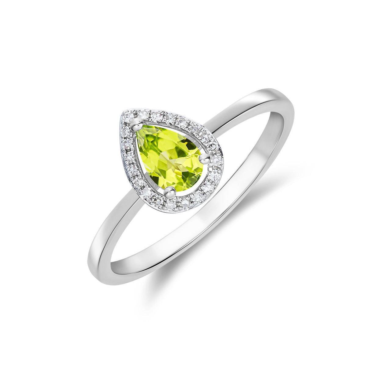 9CT WG 6X4 PEARSHAPE PERIDOT & DIAMOND HALO CLAW CLUSTER RING