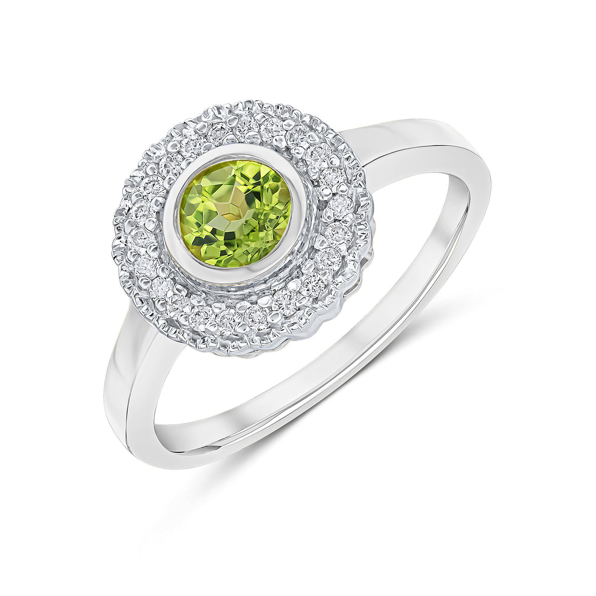 9CT WHITE GOLD ROUND RUBOVER PERIDOT AND MILLEGRAIN ROUND DIAMOND CLUSTER RING