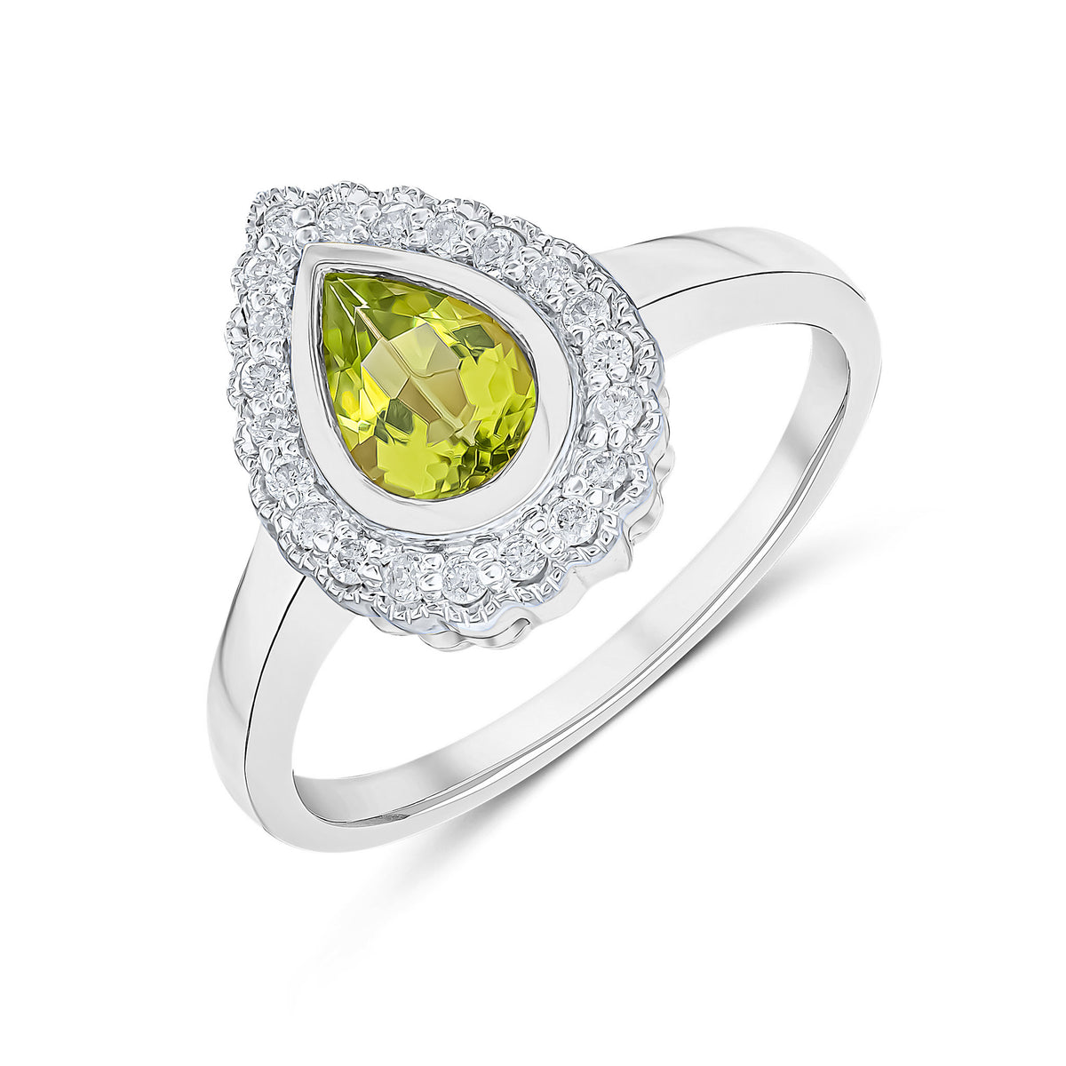 9CT WHITE GOLD PEARSHAPE RUBOVER PERIDOT AND MILLEGRAIN ROUND DIAMOND CLUSTER RING