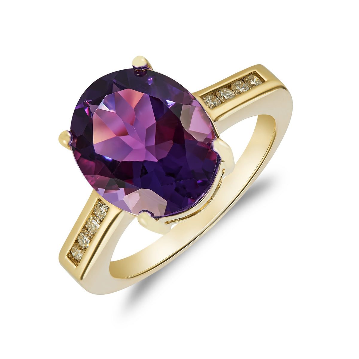9CT YG 12X10MM CLAW SET OVAL AMETHYST SINGLE STONE RING WITH CHANNEL SET DIAMOND SHOULDERS