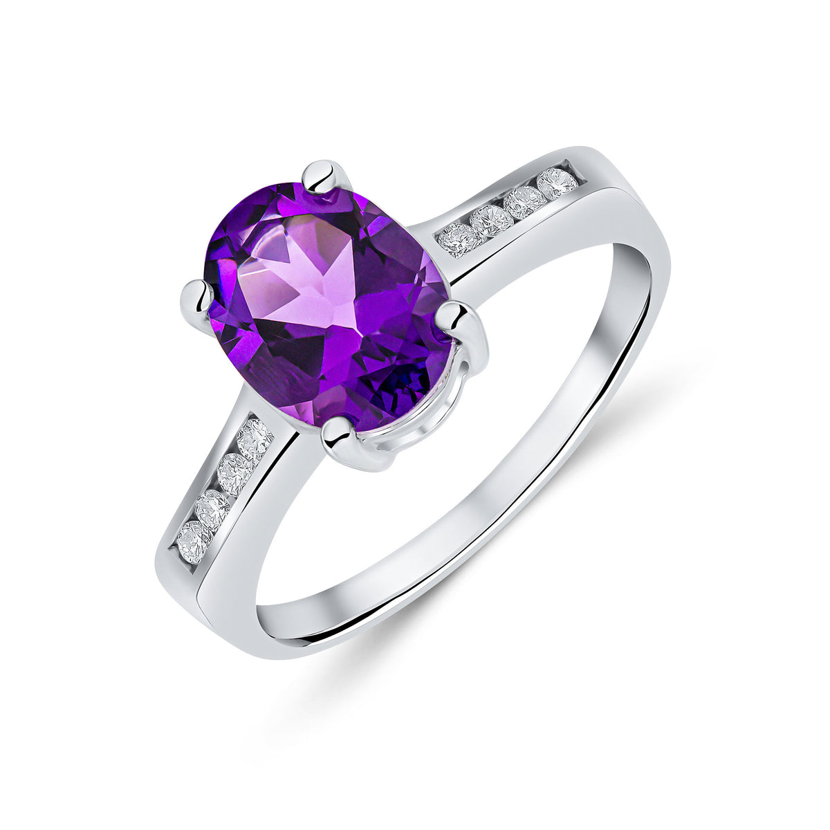 9CT WG 9X7MM CLAW SET OVAL AMETHYST SINGLE STONE RING WITH CHANNEL SET DIAMOND SHOULDERS