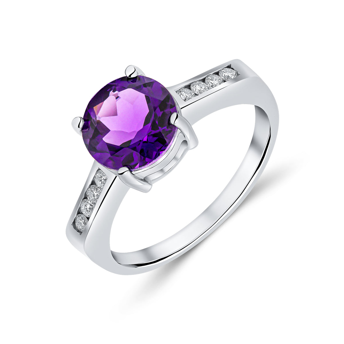 9CT WG CLAW SET 8MM ROUND AMETHYST SINGLE STONE RING WITH CHANNEL SET DIAMOND SHOULDERS