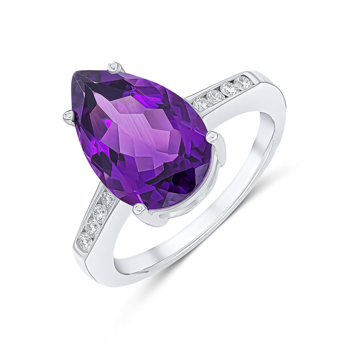 9CT WG 14X9 PEARSHAPE AMETHYST SINGLE STONE RING WITH CHANNEL SET DIAMOND SHOULDERS
