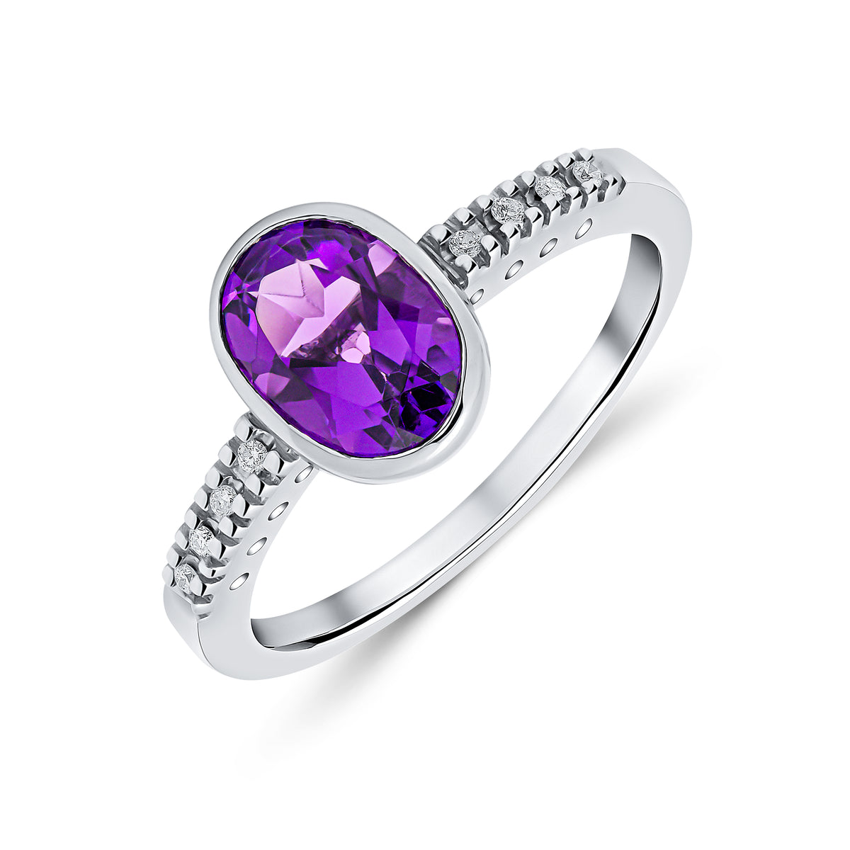 9CT WG RUBOVER 8X6 OVAL AMETHYST SINGLE STONE RING WITH CLAW SET DIAMOND SHOULDERS