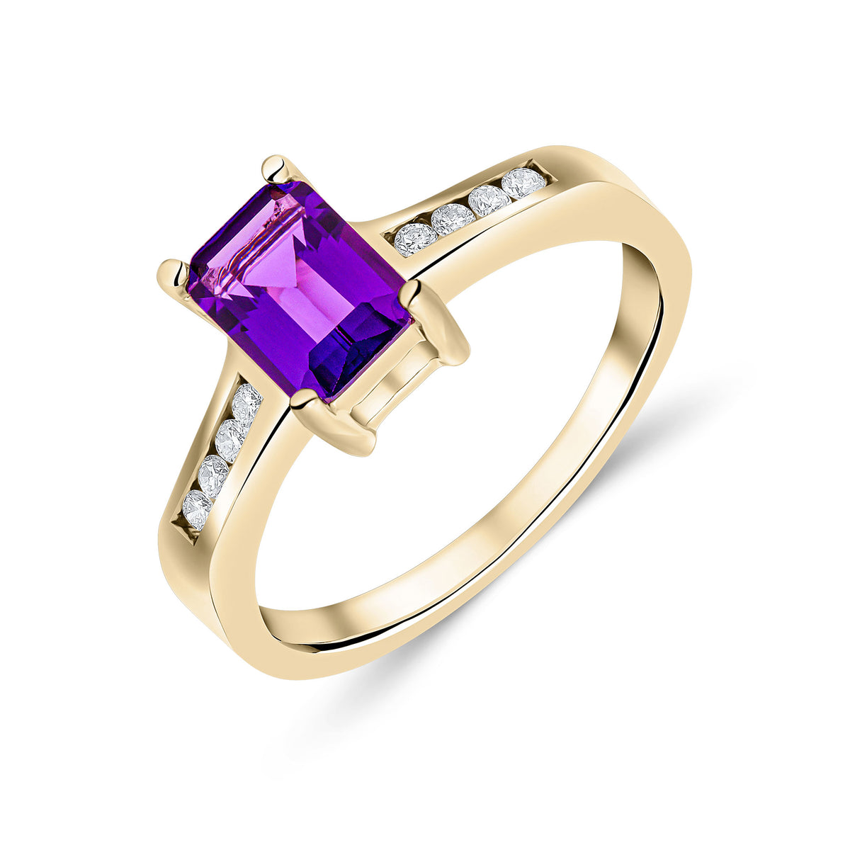 9CT YG 7X5 OCTAGON AMETHYST CLAW SET SINGLE STONE RING WITH CHANNEL SET DIAMOND SHOULDERS