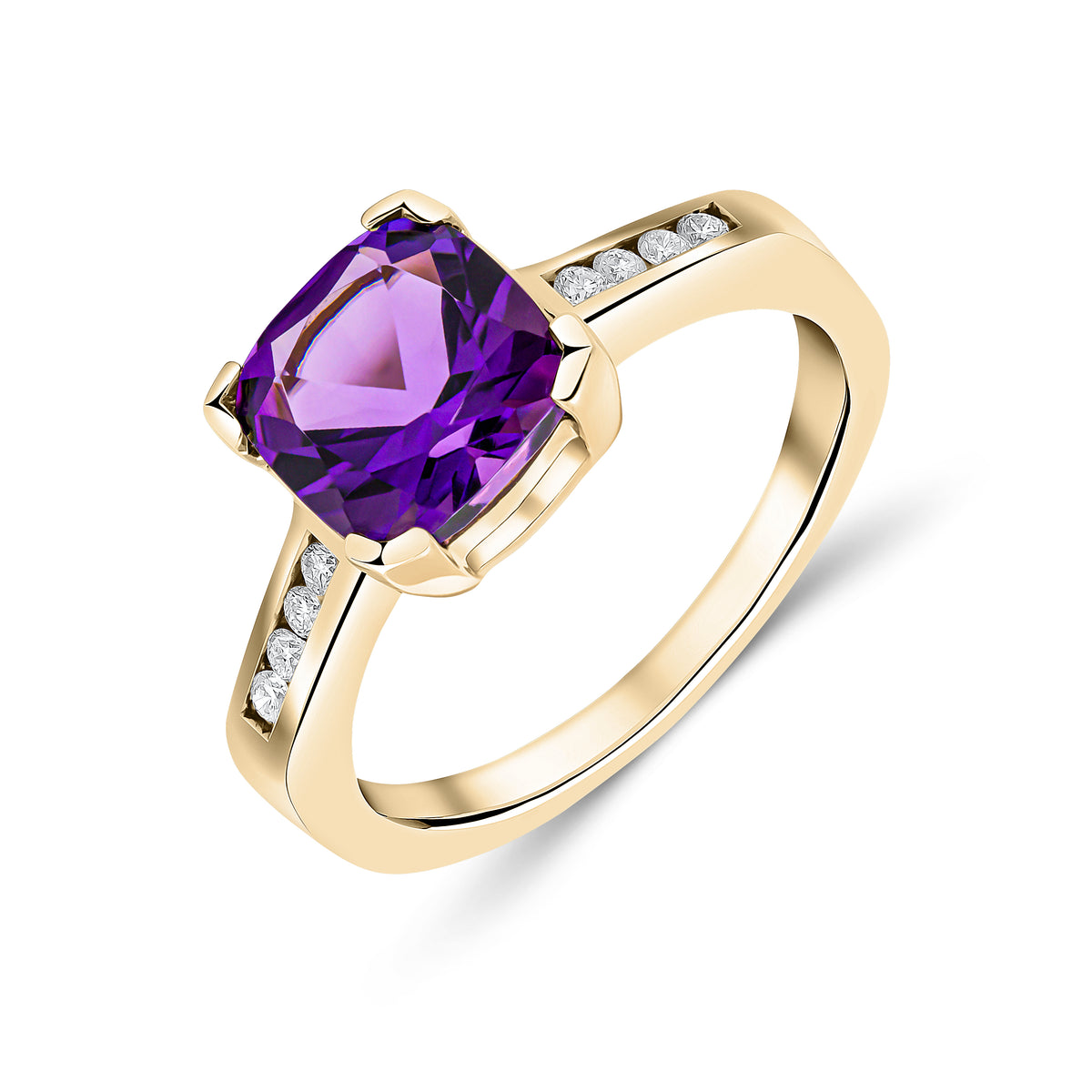 9CT YG CLAW SET CUSHION AMETHYST SINGLE STONE RING WITH CHANNEL SET DIAMOND SHOULDERS