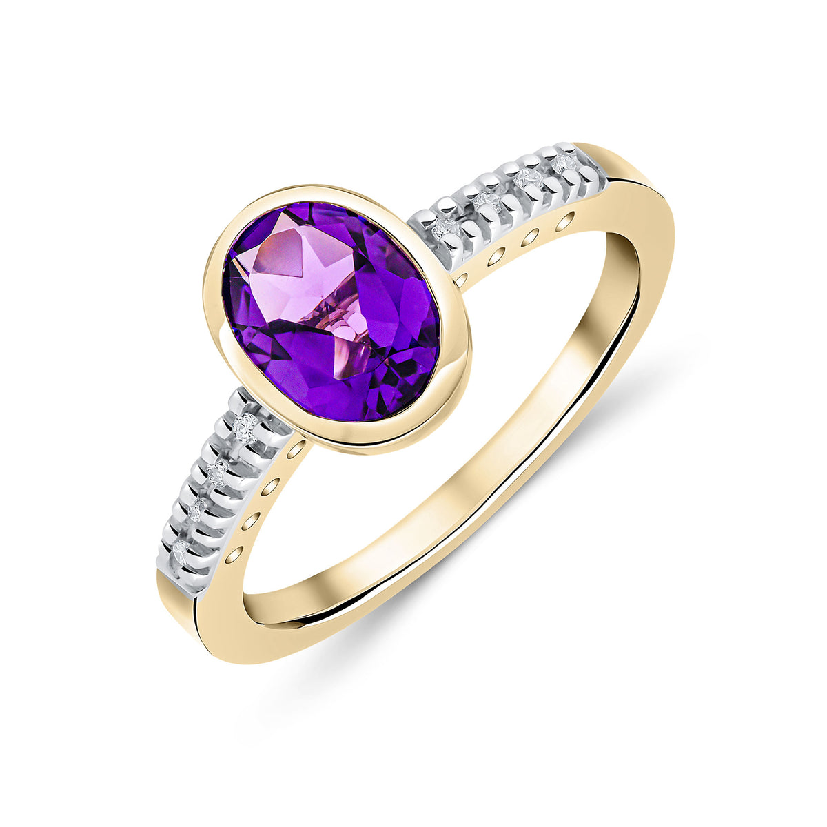 9CT YG RUBOVER 8X6 OVAL AMETHYST SINGLE STONE RING WITH CLAW SET DIAMOND SHOULDERS. RHODIUM TO DIAMONDS