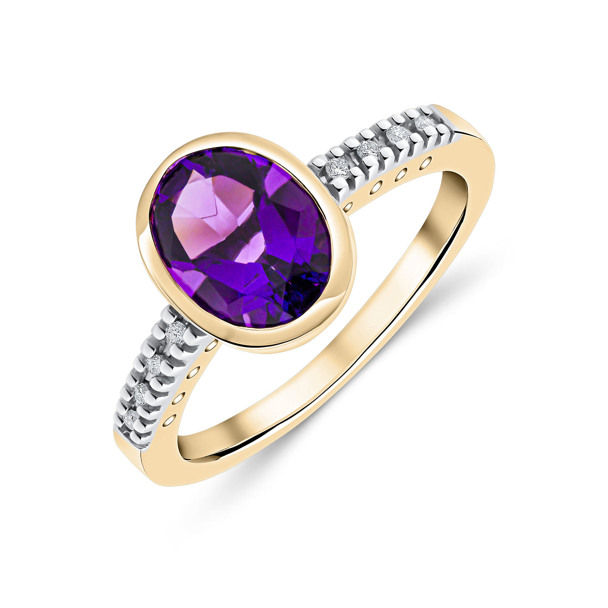 9CT YG RUBOVER 9X7 OVAL AMETHYST SINGLE STONE RING WITH CLAW SET DIAMOND SHOULDERS