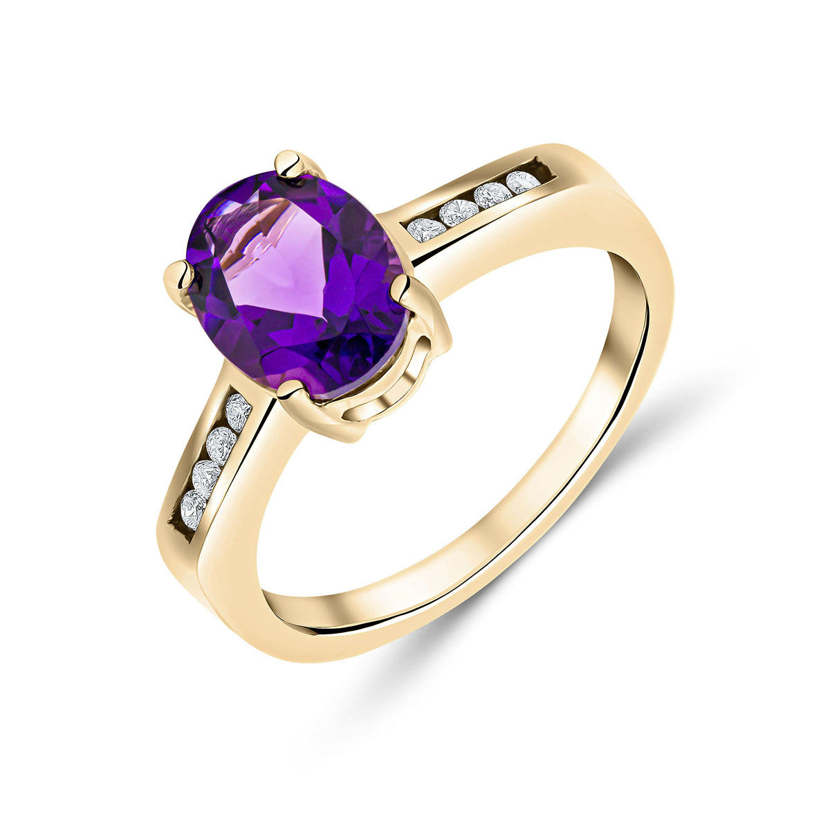 9CT YG 9X7MM CLAW SET OVAL AMETHYST SINGLE STONE RING WITH CHANNEL SET DIAMOND SHOULDERS