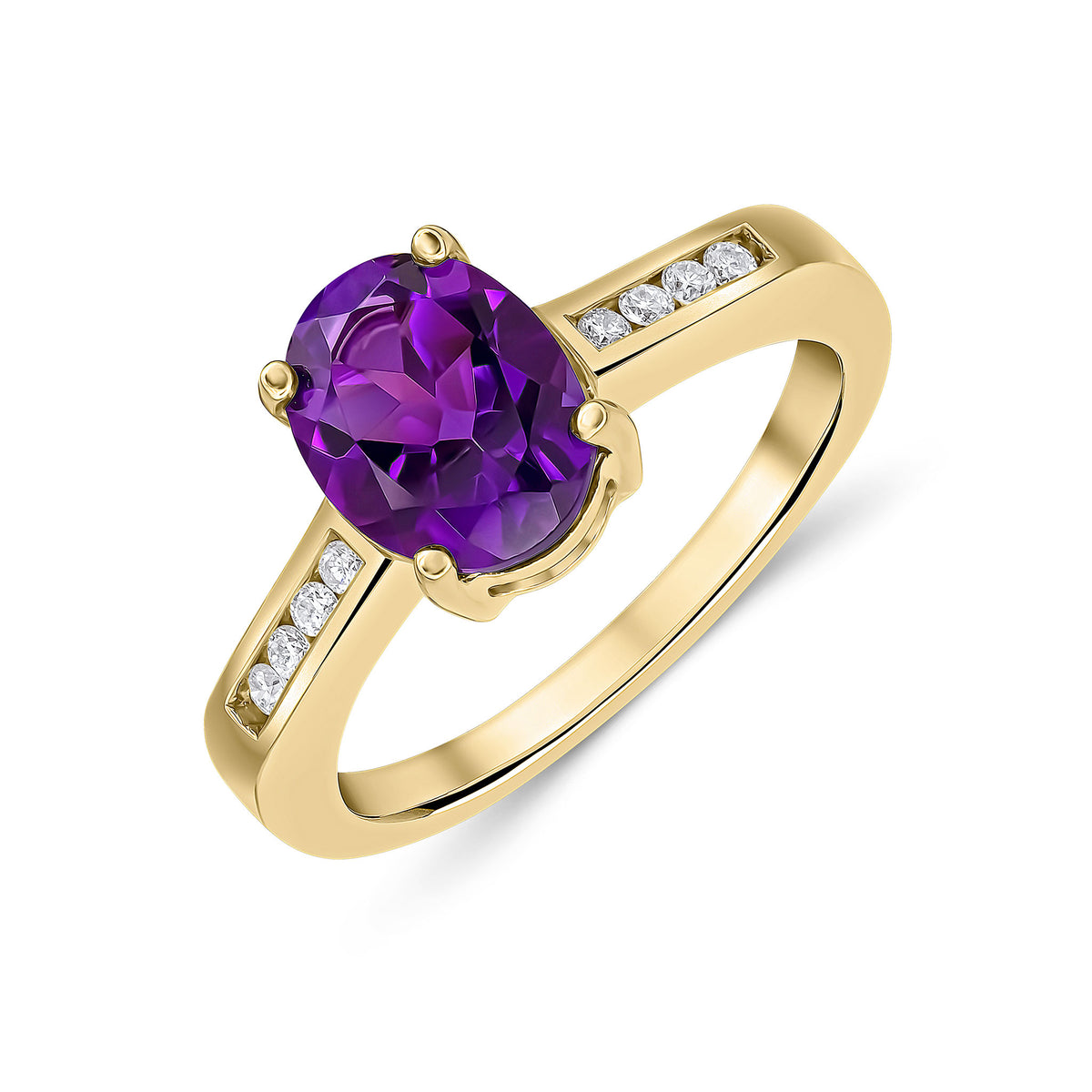9CT YG 9X7MM CLAW SET OVAL AMETHYST SINGLE STONE RING WITH CHANNEL SET DIAMOND SHOULDERS