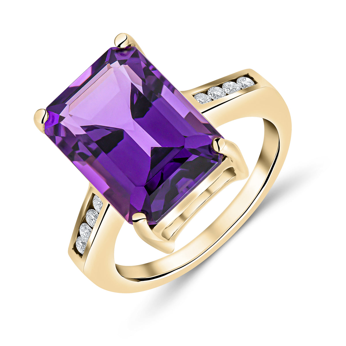 9CT YG CLAW SET 14X10 OCTAGON AMETHYST SINGLE STONE RING WITH DIAMOND CHANNEL SET SHOULDERS