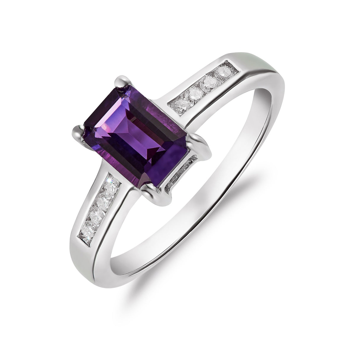 9CT WG 7X5 OCTAGON AMETHYST CLAW SET SINGLE STONE RING WITH CHANNEL SET DIAMOND SHOULDERS