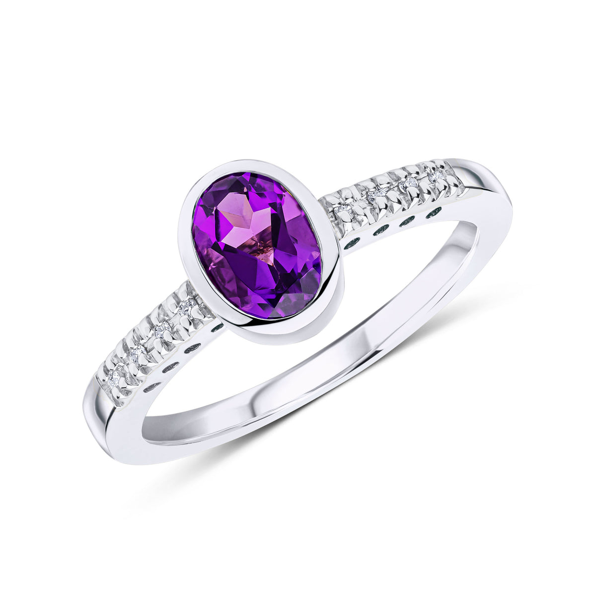 9CT WG RUBOVER 7X5 OVAL AMETHYST SINGLE STONE RING WITH CLAW SET DIAMOND SHOULDERS