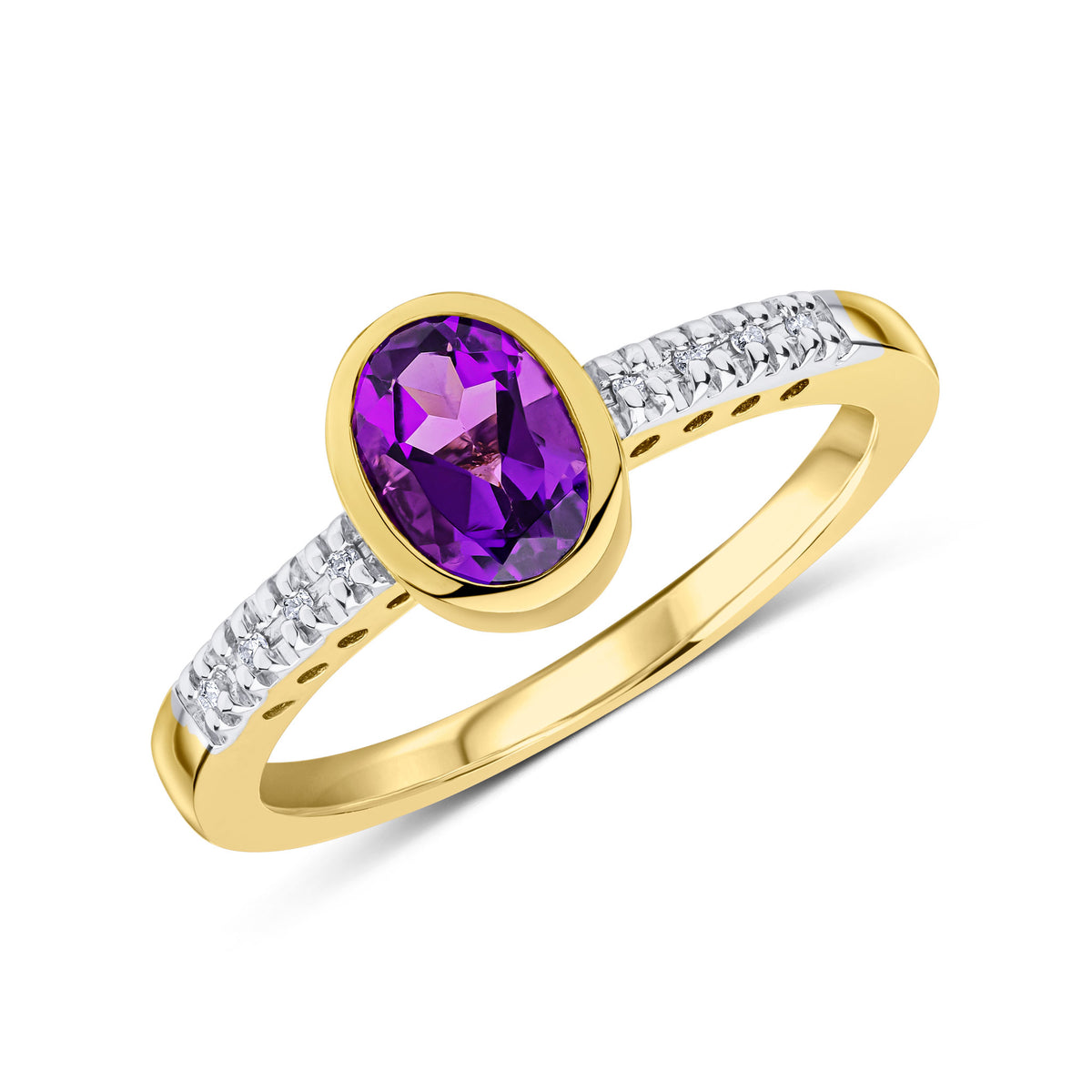 9CT YG RUBOVER 7X5 OVAL AMETHYST SINGLE STONE RING WITH CLAW SET DIAMOND SHOULDERS. RHODIUM TO DIAMONDS