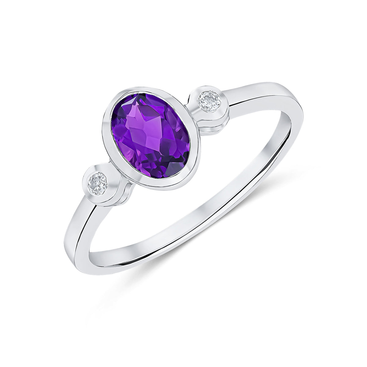 9CT WG 7X5 OVAL AMETHYST AND ROUND DIAMOND 3ST RUBOVER RING