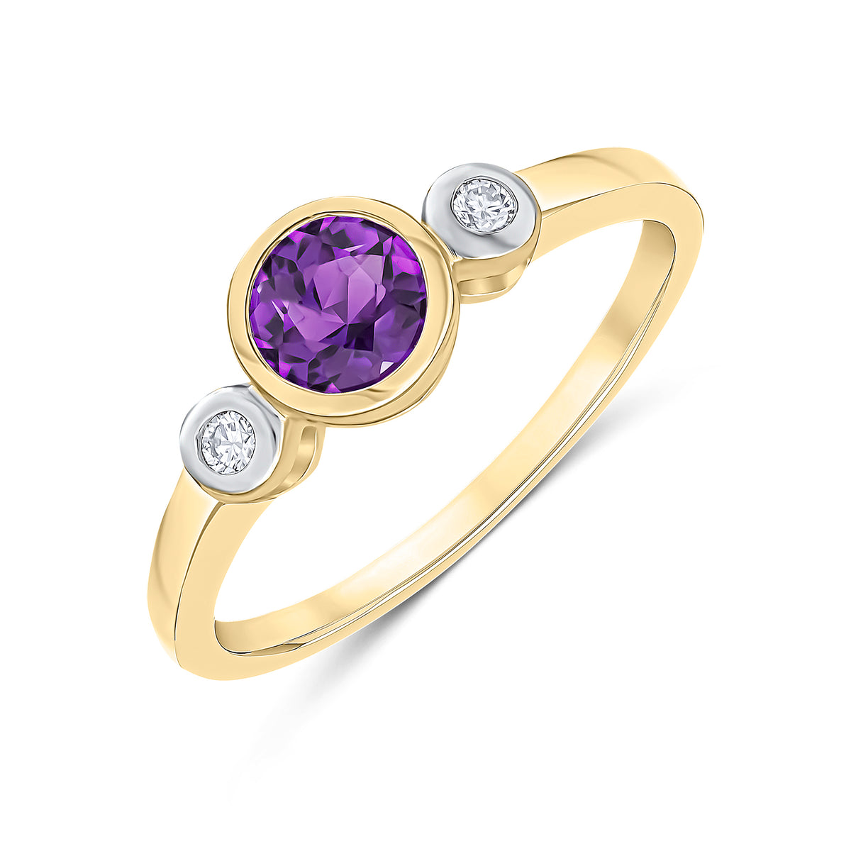 9CT YG 5MM ROUND AMETHYST AND DIAMOND RUBOVER 3ST RING. RHODIUM TO DIAMONDS