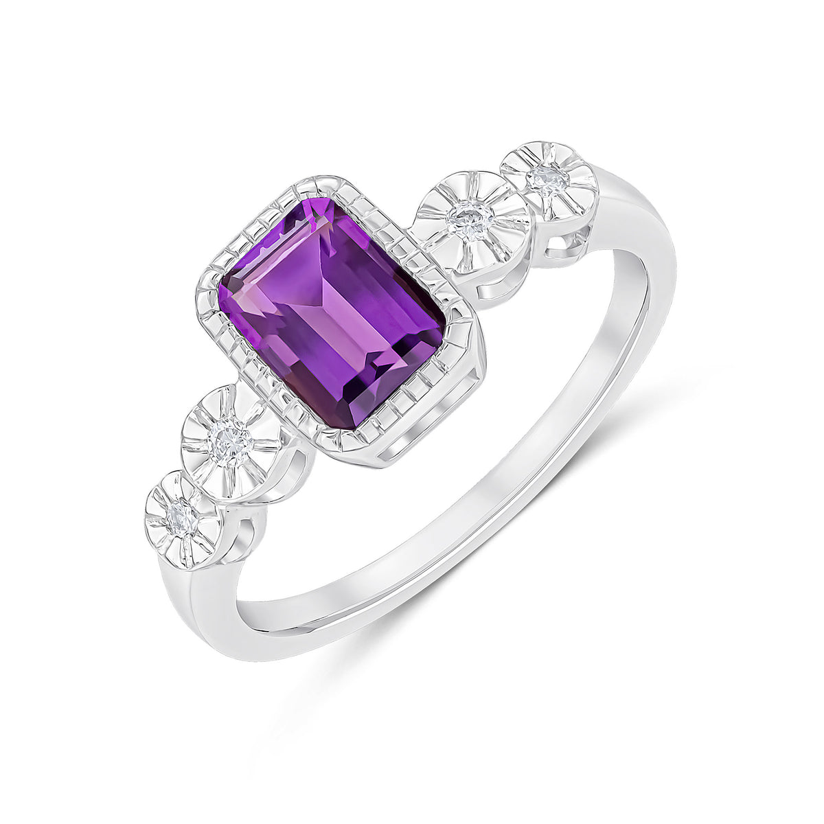 9CT WHITE GOLD MILLEGRAIN OCTAGON AMETHYST AND ILLUSION DIAMOND 2ST SHOULDERS RING