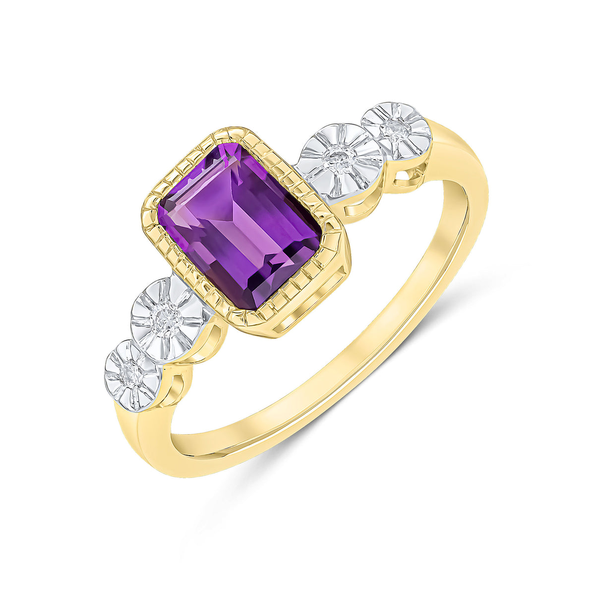 9CT YELLOW GOLD MILLEGRAIN OCTAGON AMETHYST AND ILLUSION DIAMOND 2ST SHOULDERS RING