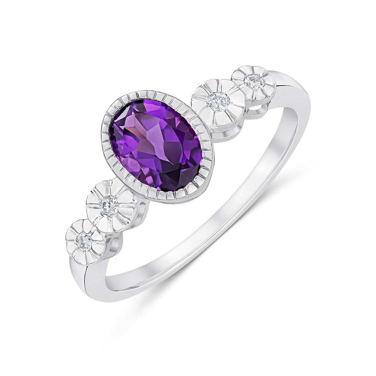 9CT WHITE GOLD MILLEGRAIN OVAL AMETHYST AND ILLUSION DIAMOND 4ST SHOULDERS RING