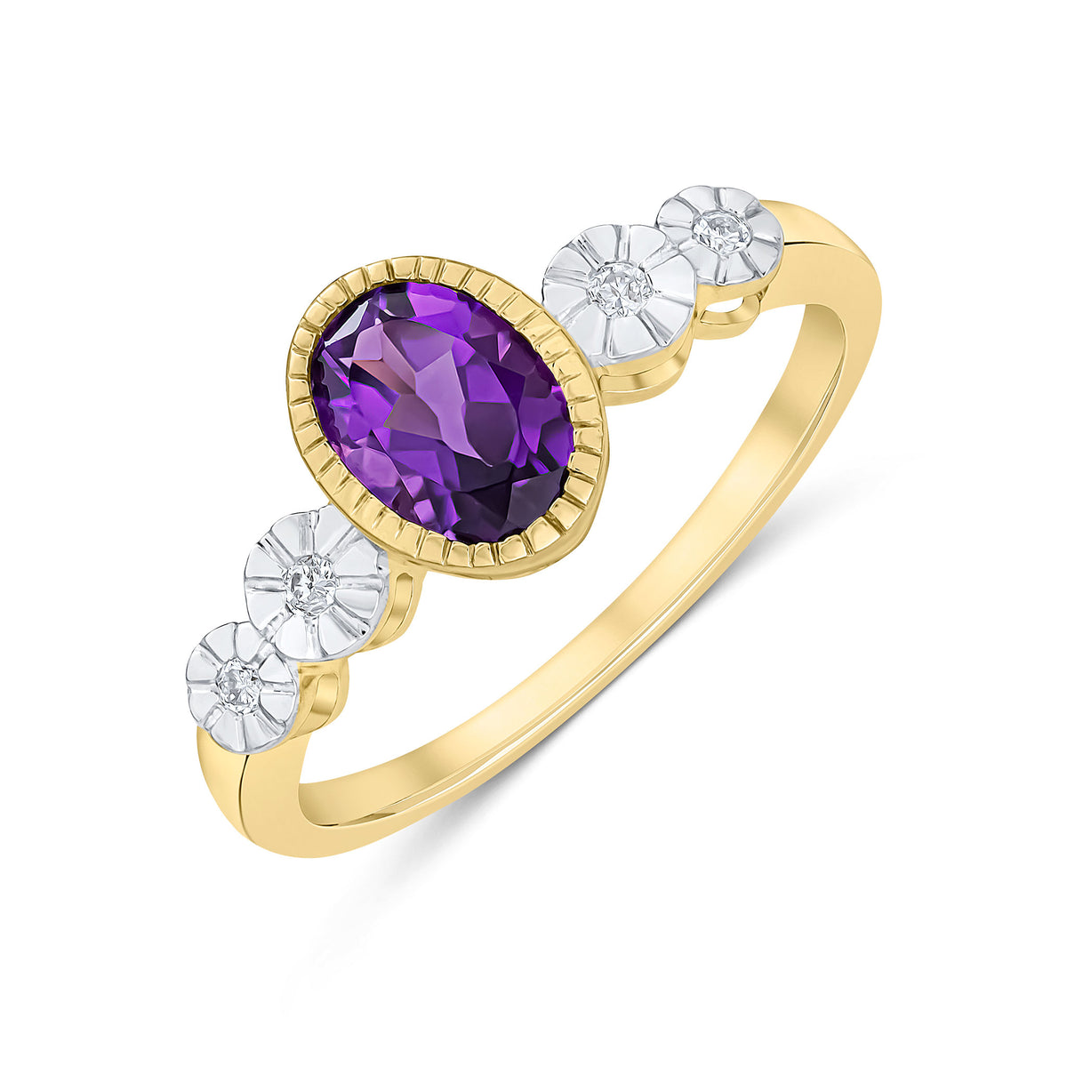 9CT YELLOW GOLD MILLEGRAIN OVAL AMETHYST AND ILLUSION DIAMOND 4ST SHOULDERS RING