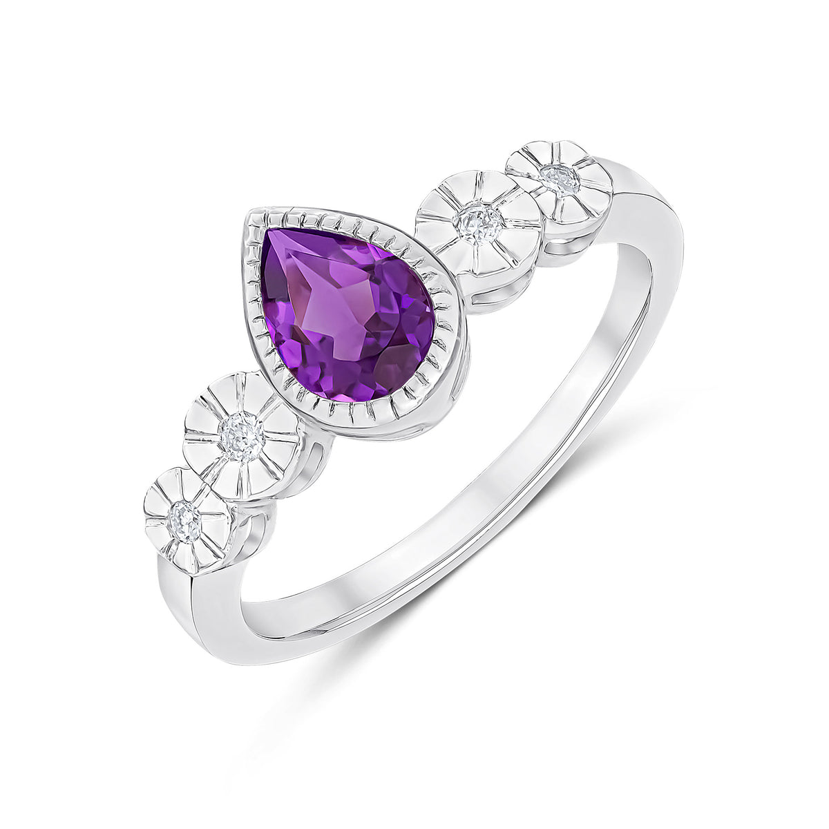 9CT WHITE GOLD MILLEGRAIN PEARSHAPE AMETHYST AND ILLUSION DIAMOND 2ST SHOULDERS RING