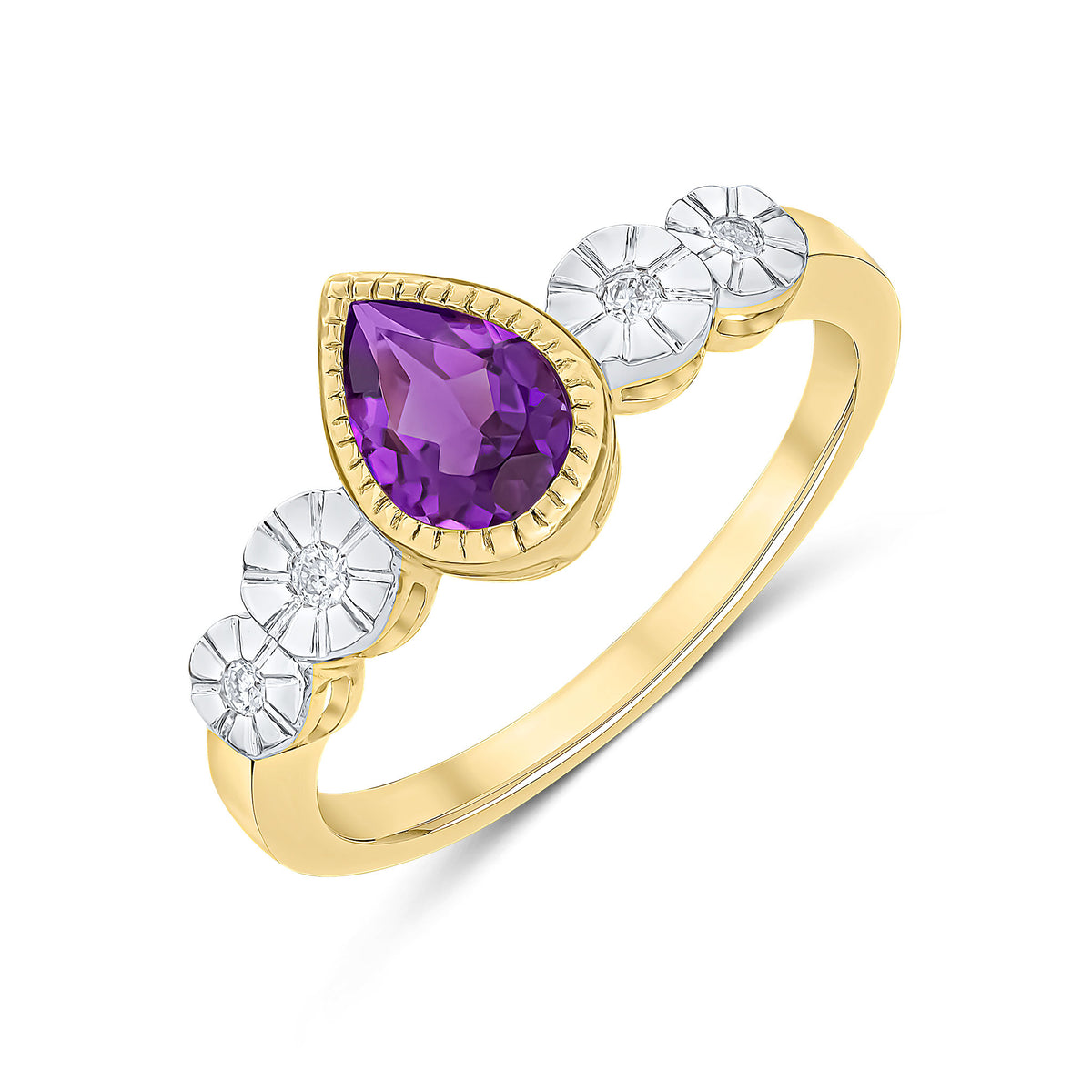 9CT YG MILLEGRAIN SET 7X5 PEARSHAPE AMETHYST AND ILLUSION DIAMOND 2ST SHOULDERS RING. RHODIUM TO DIAMONDS