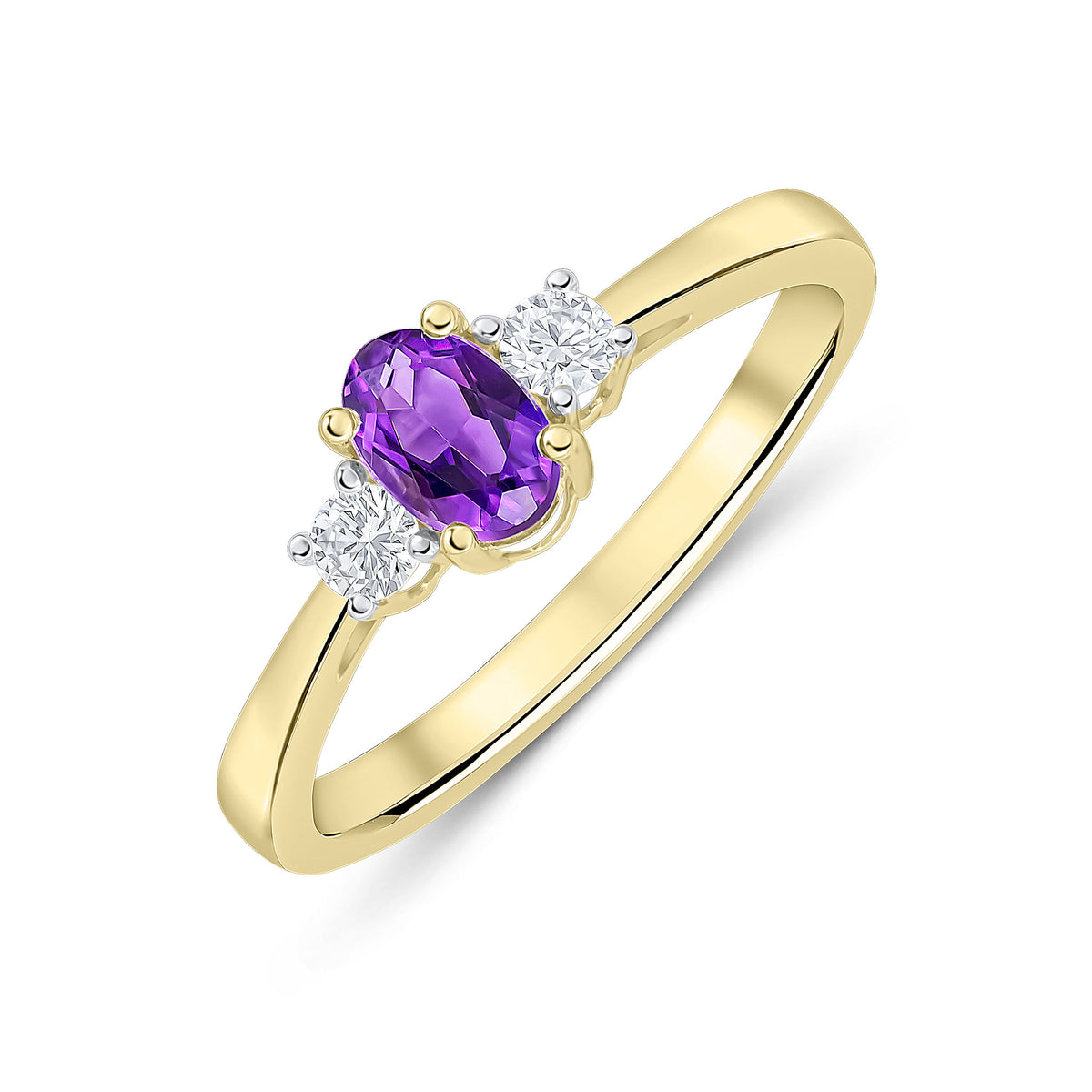 9CT YG 6X4 OVAL AMETHYST AND ROUND DIAMOND CLAW SET 3ST RING. RHODIUM TO DIAMONDS