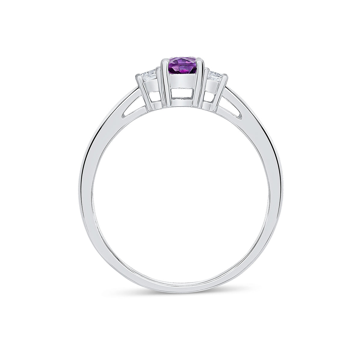 9CT WG 6X4 OVAL AMETHYST AND ROUND DIAMOND CLAW SET 3ST RING